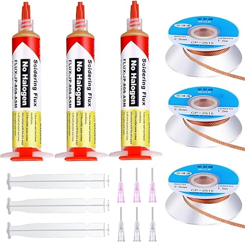 Blulu 6 unids 0.3 fl oz 8341 Pasta de fundente de soldadura sin limpieza y mechas de soldadura pegajosa fundente de soldadura con émbolo y punta