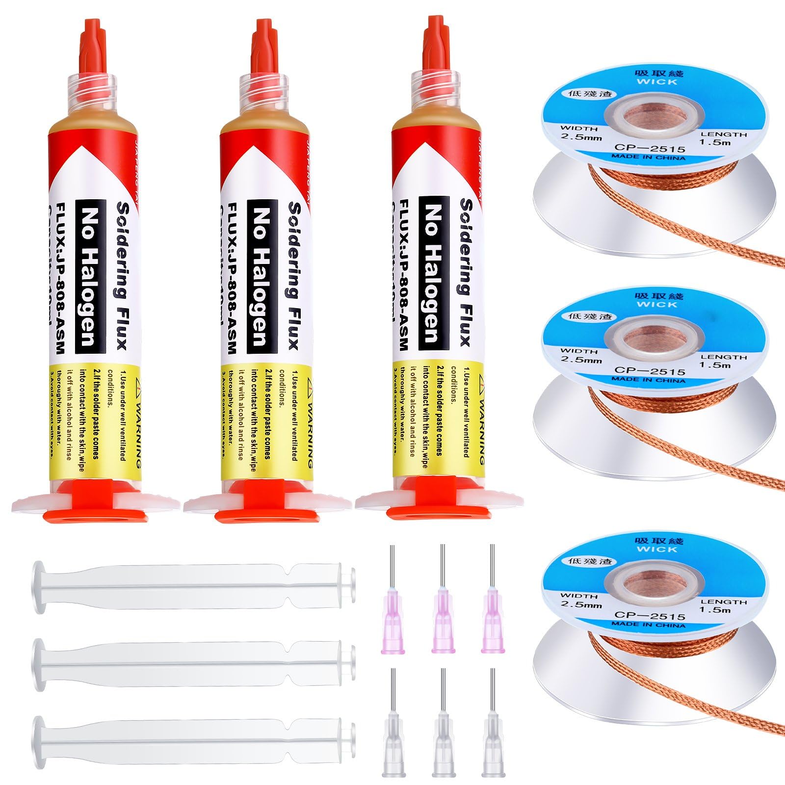 3 Pcs 10ml 8341 No Clean Solder Flux Paste with 3 Pcs Solder Wicks Tacky Soldering Flux with Plunger and Dispensing Tip 1.5 Meter Length Solder Wick Braid for Electronics