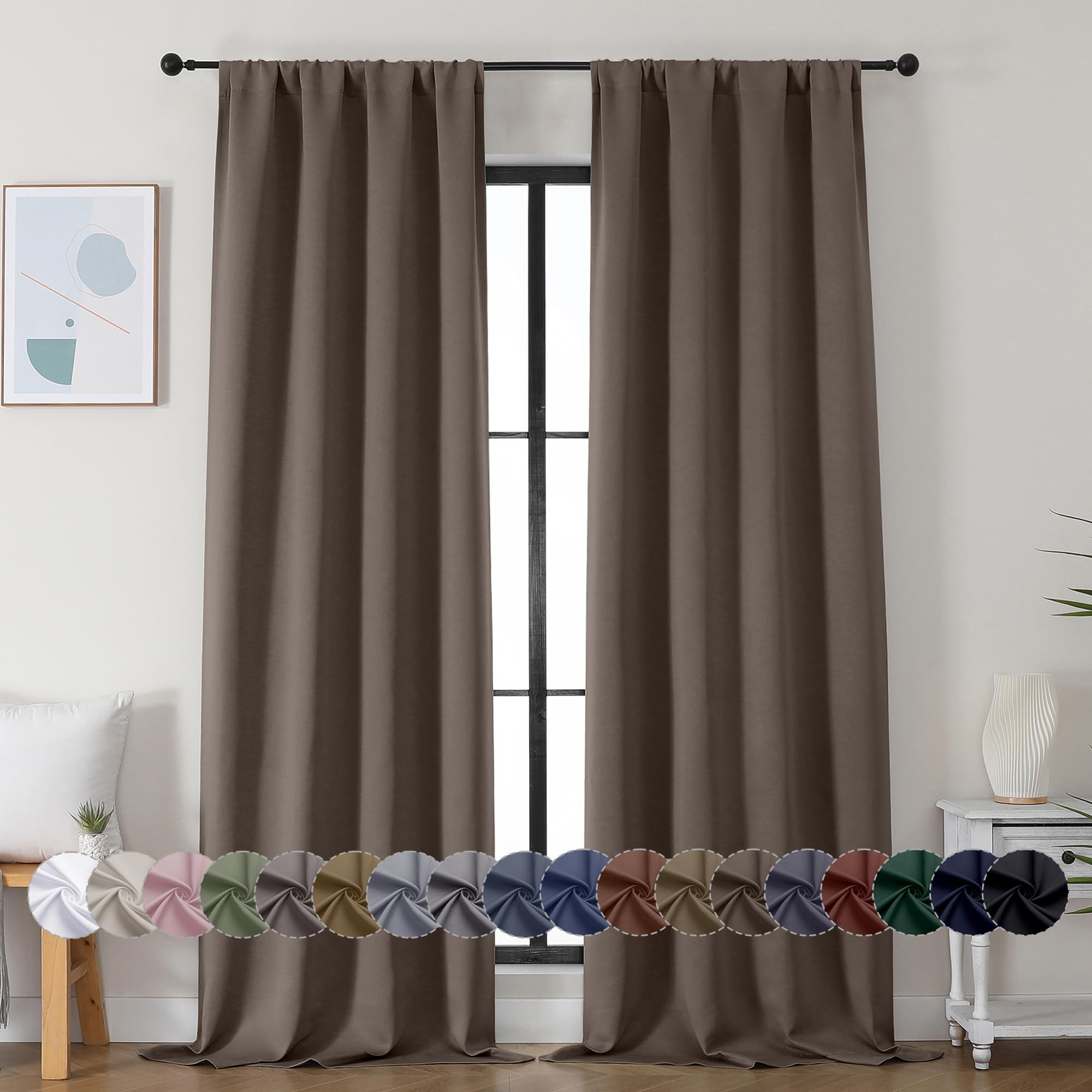 Simplebrand Ava Brown Blackout Curtains for Bedroom 90 Inches Long 2 Panels Set, Solid Privacy Energy Saving Living Room Window Treatment Curtains