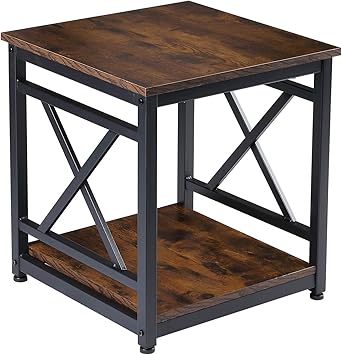 KSWIN Industrial End Table, 18" Square Side Table with 2-Tier Storage Shelf, X-Design Metal Frame, Rustic Brown Nightstand Bedside Table for Living Room, Bedroom