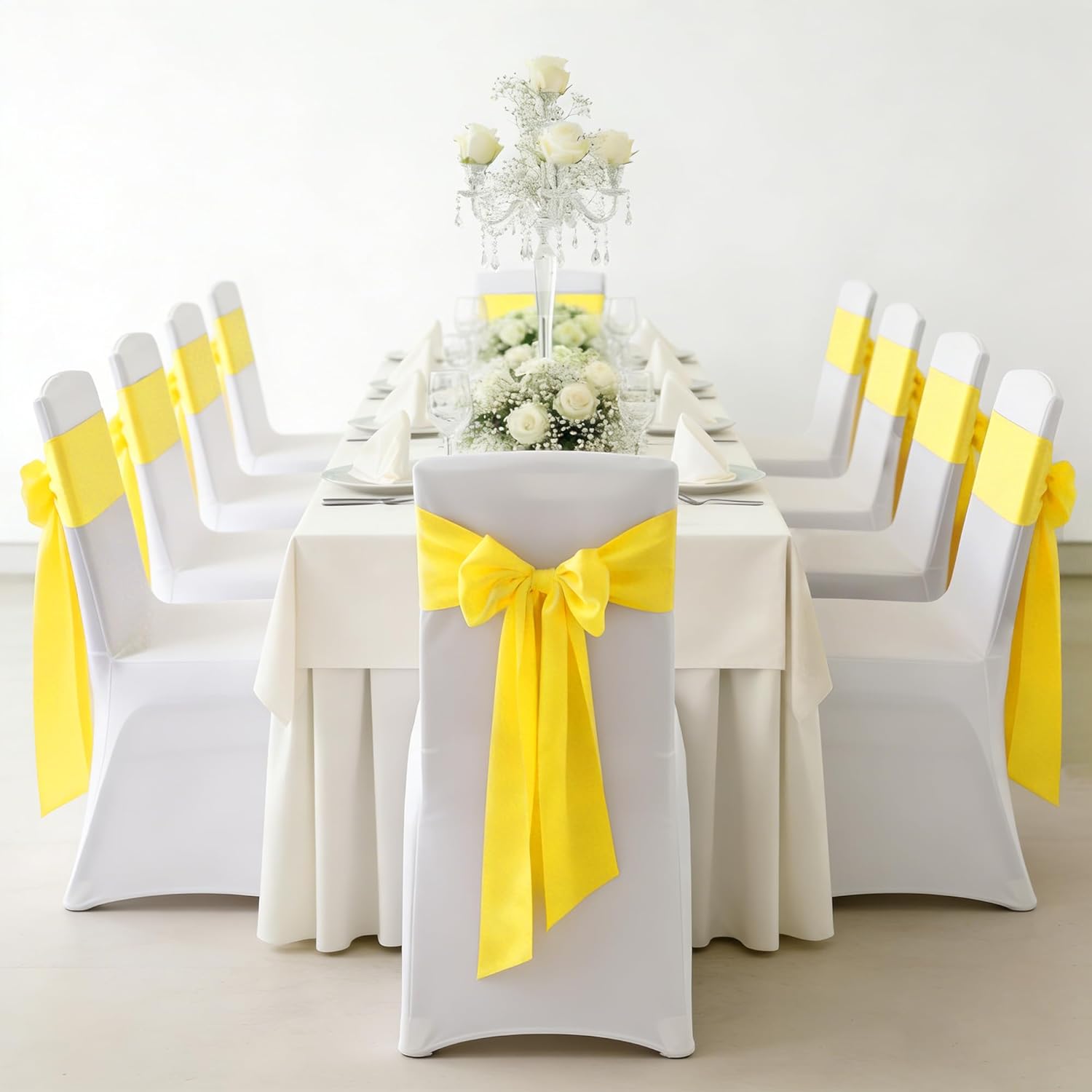 50 PCS Yellow Satin Chair Sashes Bows Universal Chair Ribbon Ties Back Sash for Wedding Party Banquets Event Chair Cover Decoration(Yellow, 7x108 inch)