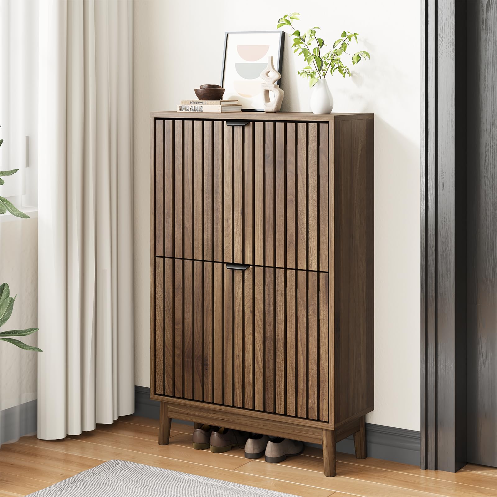 Kiasthome 2 Flip Drawer Shoe Storage Cabinet, Wooden Shoe Organizer with Ventilated Slatted Doors for Entryway, Hallway, Living Room