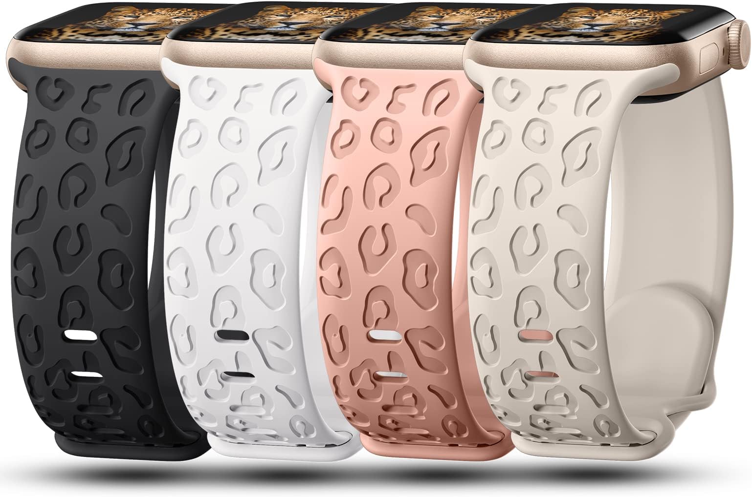 4Pack Leopard Engraved Bands Compatible with Apple Watch Band for women 40mm 41mm 42mm 38mm 44mm 45mm 46mm 49mm, Soft Silicone Cheetah Sport Strap for iWatch Series 10 9 8 7 6 5 4 3 2 1 Ultra/2 SE