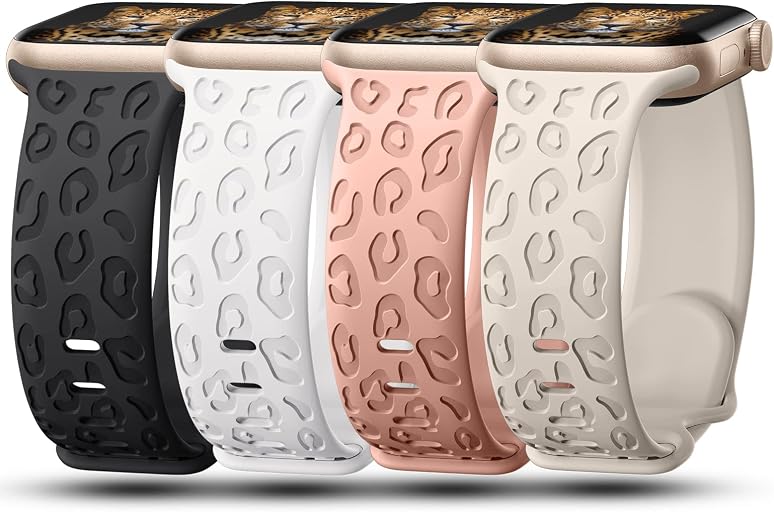 4Pack Leopard Engraved Bands Compatible with Apple Watch Band for women 40mm 41mm 42mm 38mm 44mm 45mm 46mm 49mm, Soft Silicone Cheetah Sport Strap for iWatch Series 10 9 8 7 6 5 4 3 2 1 Ultra/2 SE