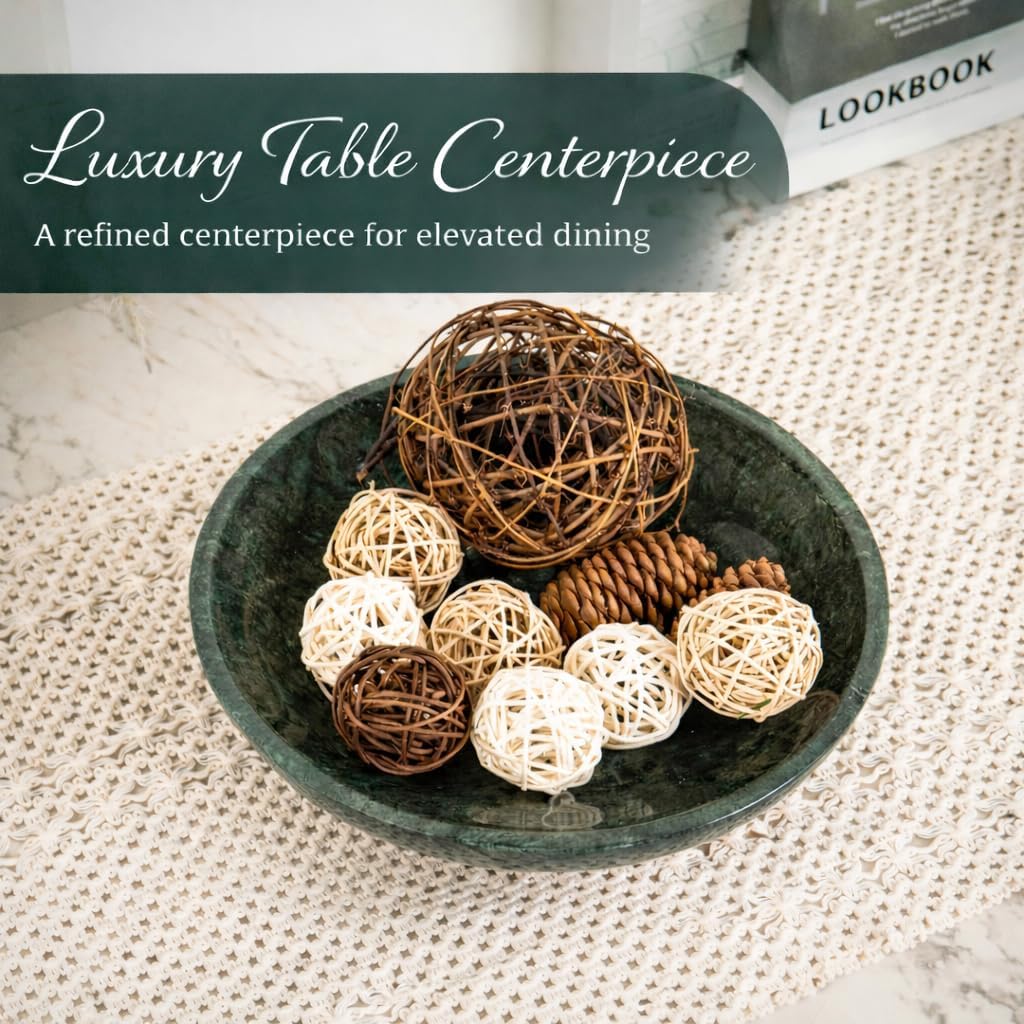 Decorative Marble Bowl Green - Handcrafted Natural Stone on Acacia Wood Pedestal - Versatile 10" Catch‑All Centrepiece for Home Decor - Entryway, Dining Table, Kitchen Fruit Bowl, Key Holder (Green)