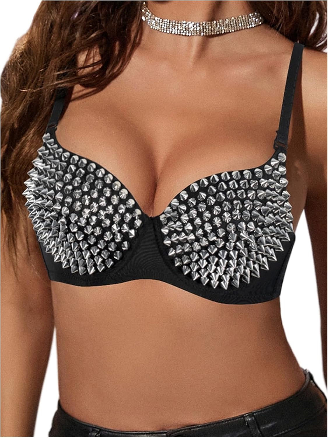 WDIRARA Women's Goth Punk Studded Cami Top Spaghetti Strap Camisole Crop Tops Party Clubwear