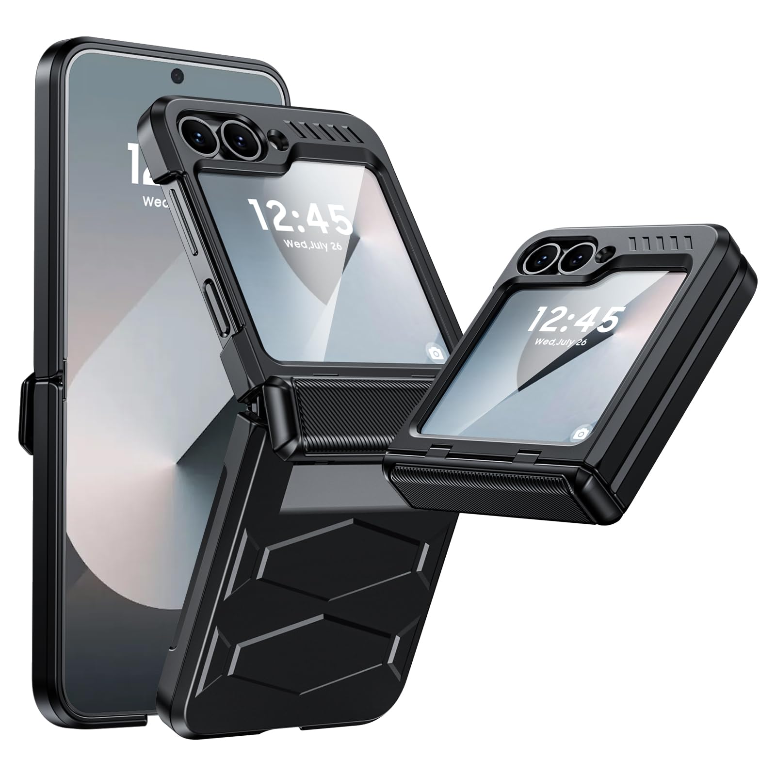 Vizvera Coque pour Samsung Galaxy Z Flip 6 avec protection de charnière, étui fin à rabat z 6 avec protection d'écran antichoc et robuste, chargeur sans fil pour Galaxy Z Flip 6 5G (2024) - Noir