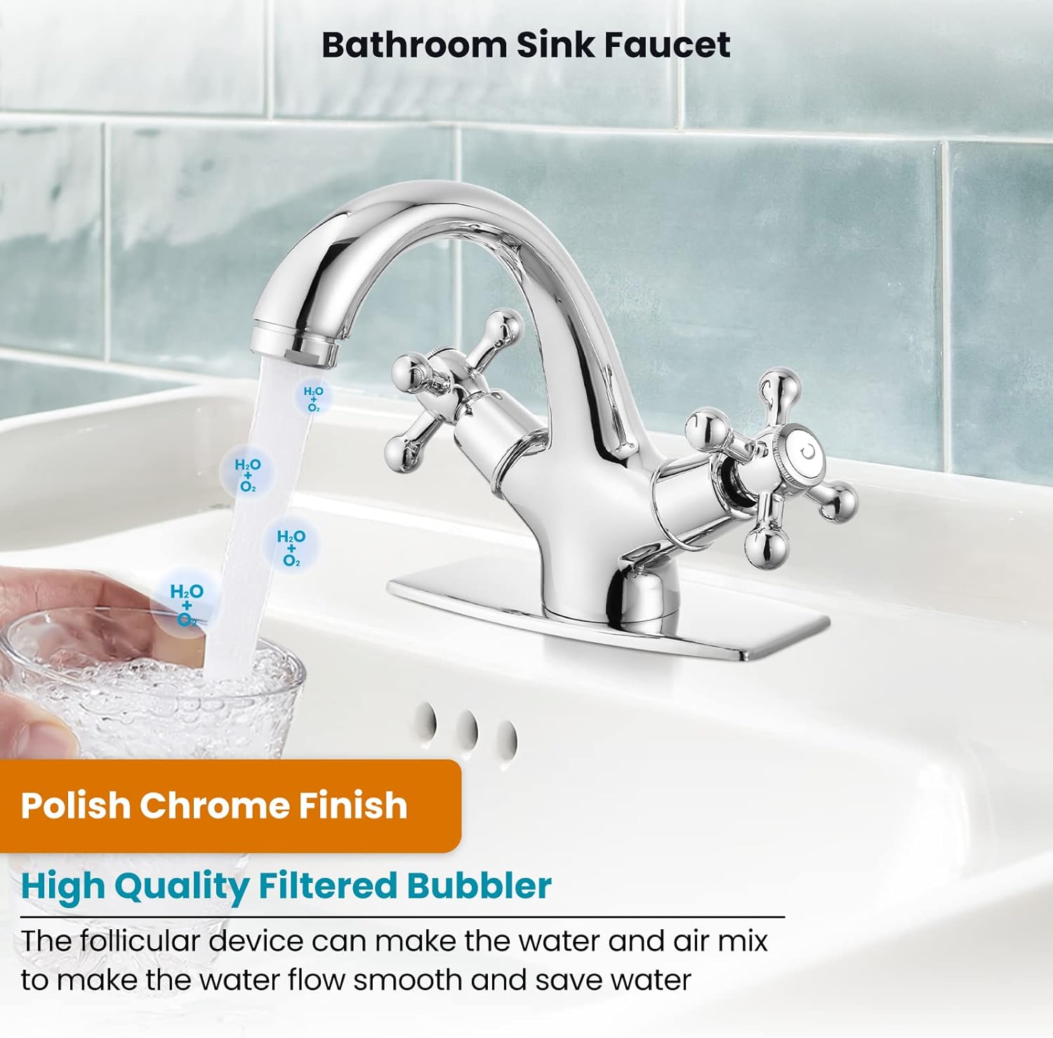 gotonovo Bathroom Sink Faucet Single Hole Double Cross Handle Knobs Lavatory Vessel Sink Mixer Tap Bathroom Faucet with Pop up Drain and Deck Cover Plate Polish Chrome