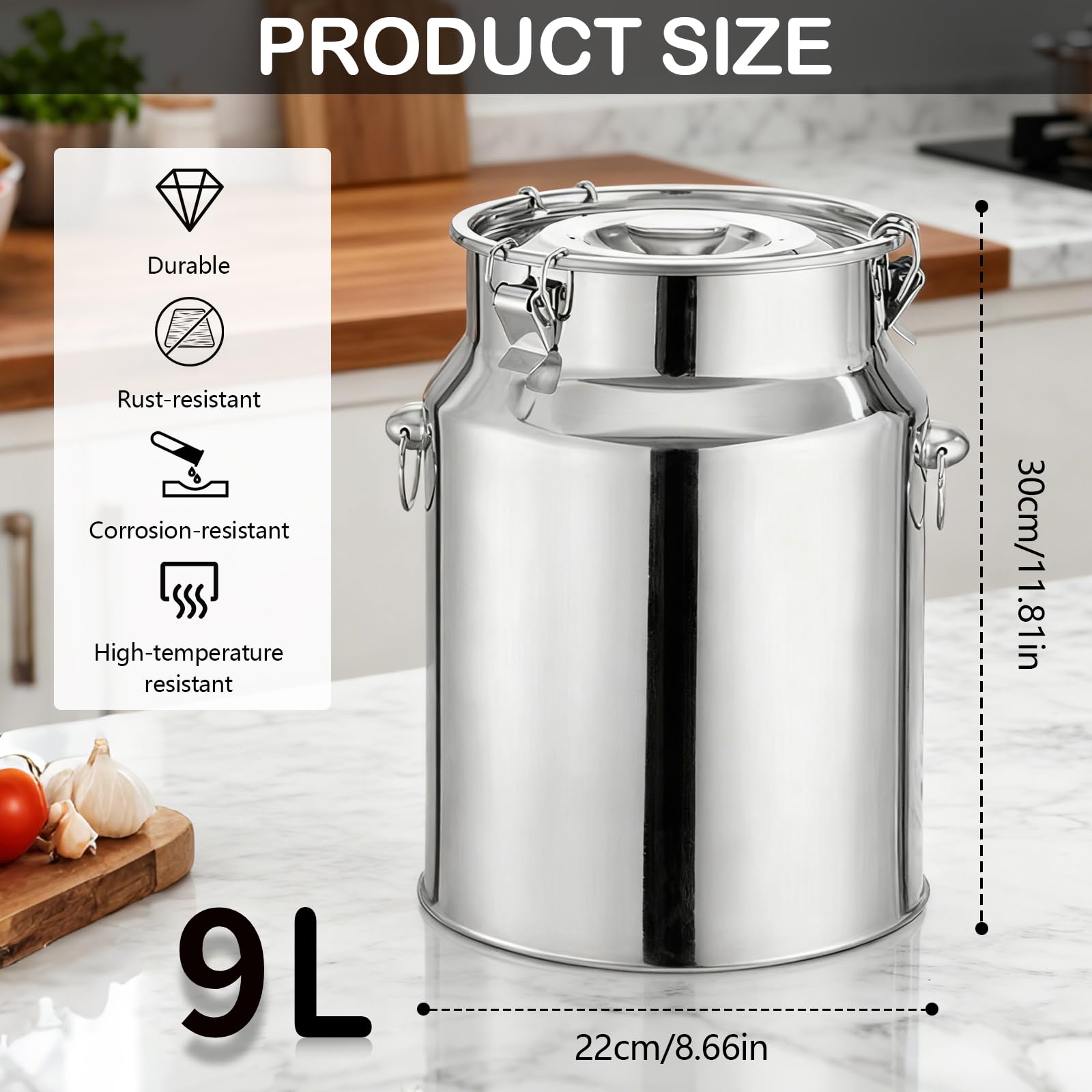 Pot à Lait en Acier inoxydable, Seau à Lait de 9 Litres avec Couvercle Hermétique, Bidon à Laits pour Vin, l'huile, Liquides et Solides en Cuisine, Pot à Laits pour Transport ou Stockage