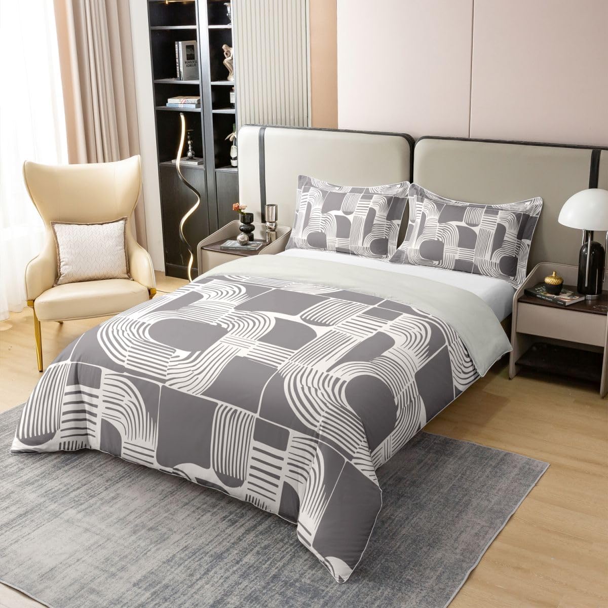 Erosebridal Mid Century Teens 100% Cotton Duvet Cover 3 Piece Bohemian Ethnic Bedding Set Queen Size Boho Geometric Comforter Cover for Kids Boys Adult Bedroom Modern Simple Gray Stripes Bed Sets