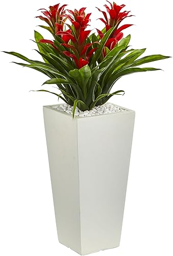Nearly Natural Planta artificial de triple bromelia en maceta de torre blanca