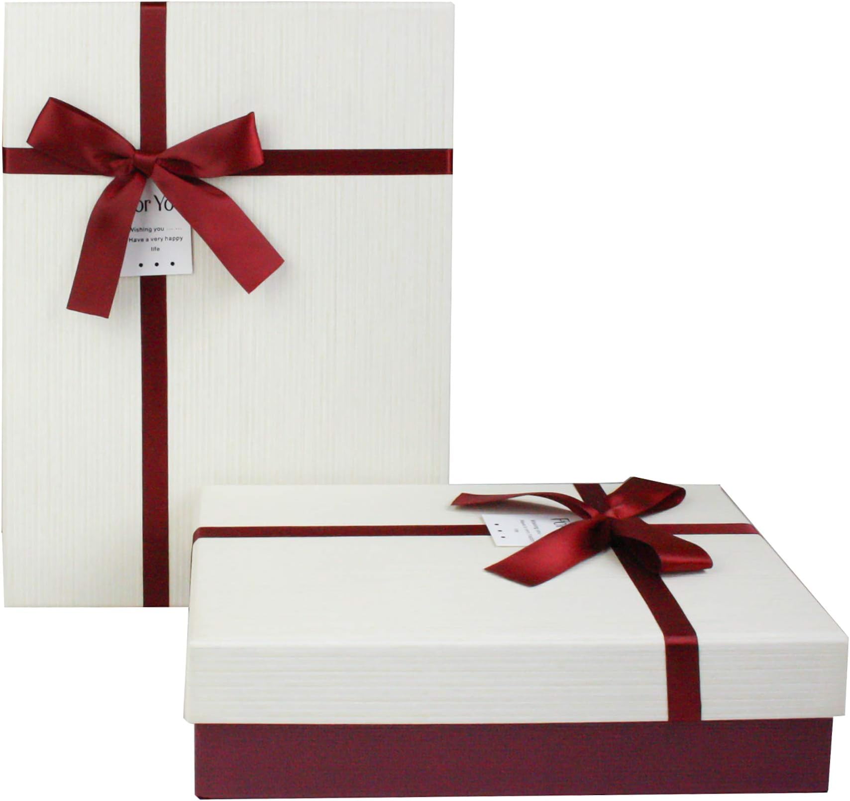 Emartbuy Set of 2 Rigid Luxury Rectangle Shaped Presentation Gift Box, 33.5 cm * 25 cm * 11.5 cm, Textured Burgundy Box with Cream Lid, Chocolate Brown Interior and Satin Decorative Ribbon