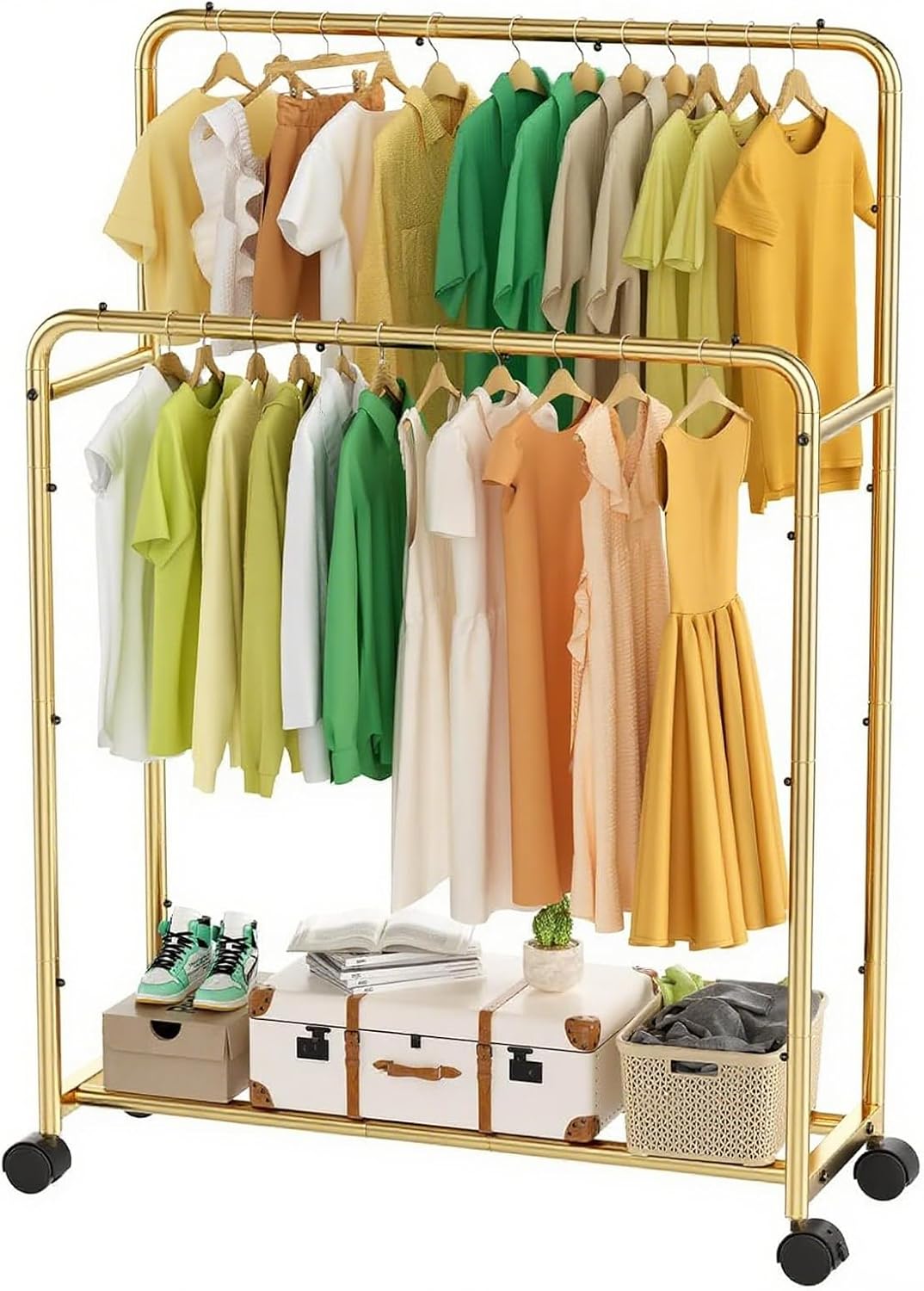 Simple Trending Clothing Clothes Rack Double Rods with Wheels, Rolling Metal Garment Rack for Hanging, Gold