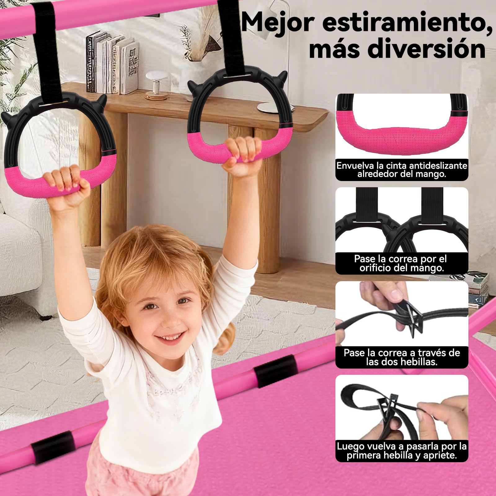 WATBKHE Barra de Gimnasia para niños, Ajustable y Plegable, Barra de Entrenamiento con Anillos, Barra Horizontal Resistente para niños y niñas