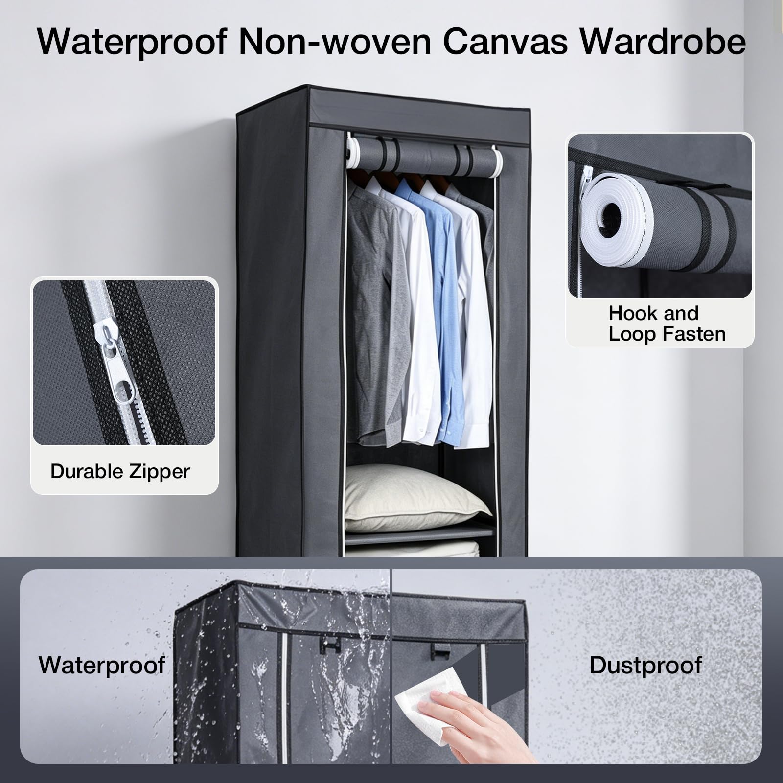 Hododou Armario portátil individual de lona, organizador de almacenamiento de ropa con 2 cajones y barra para colgar, armario plegable para ropa, bolsos, juguetes, zapatos, sala de estar, dormitorio,