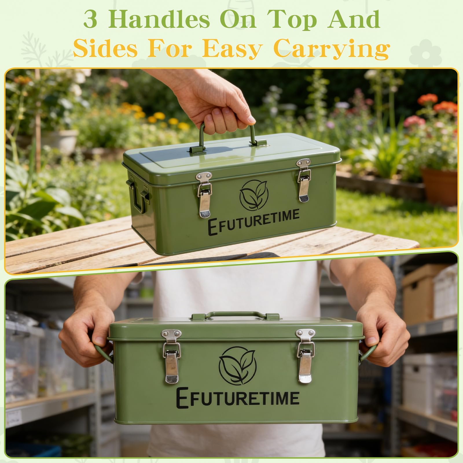 efuturetime Boîte à Graines Potager en métal 32,5×17×13cm, Boîte de Rangement à Graines avec Couvercle, 30 Étiquettes pour Plantes 30 Enveloppes de Graines, Idée Cadeau Jardinage, Vert