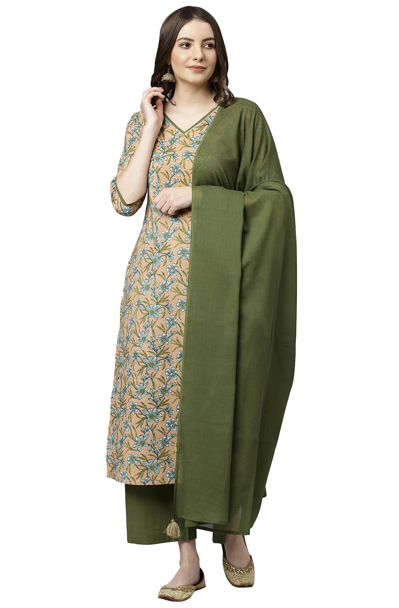 janasya Women's Teal Blue Cotton Kurta with Pant and Dupatta-picture-17