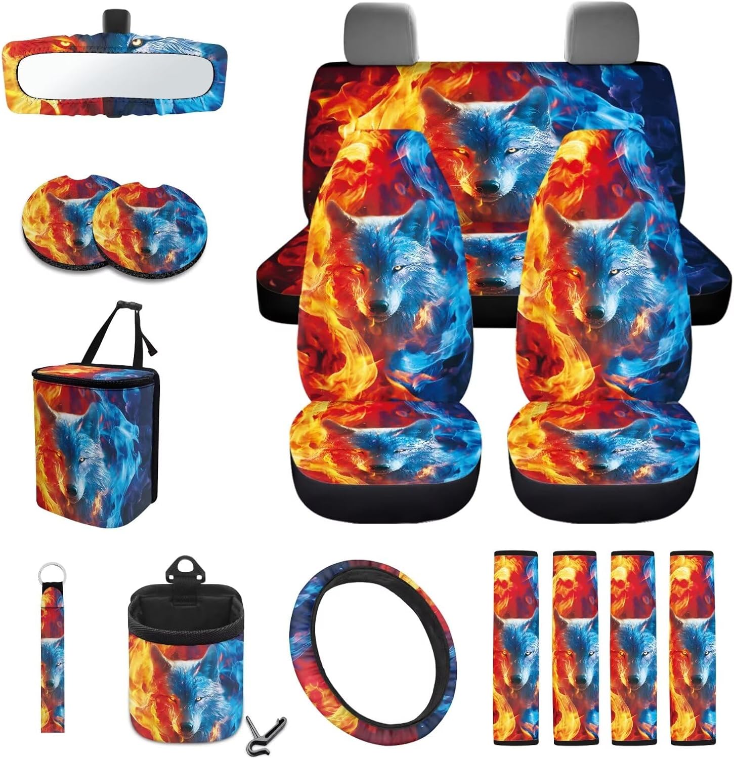 Wolf Fire Print Car Seat Covers Set of 15 Replacement Steering Wheel Cover Trash Bin Air Vent Pouch Seat Belt Cover Car Coaster Rearview Mirror Cover Keychain