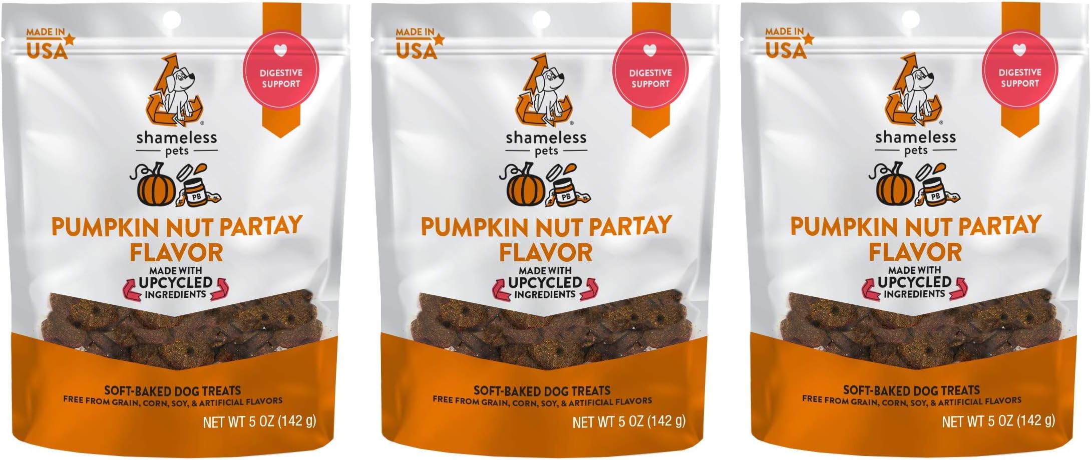 Shameless Pets Soft-Baked Pumpkin Nut Partay Dog Treats - Natural & Healthy Dog Chews for Digestive Support with Fiber - Baked & Made in USA, Grain, Corn & Soy Free - 3-Pack