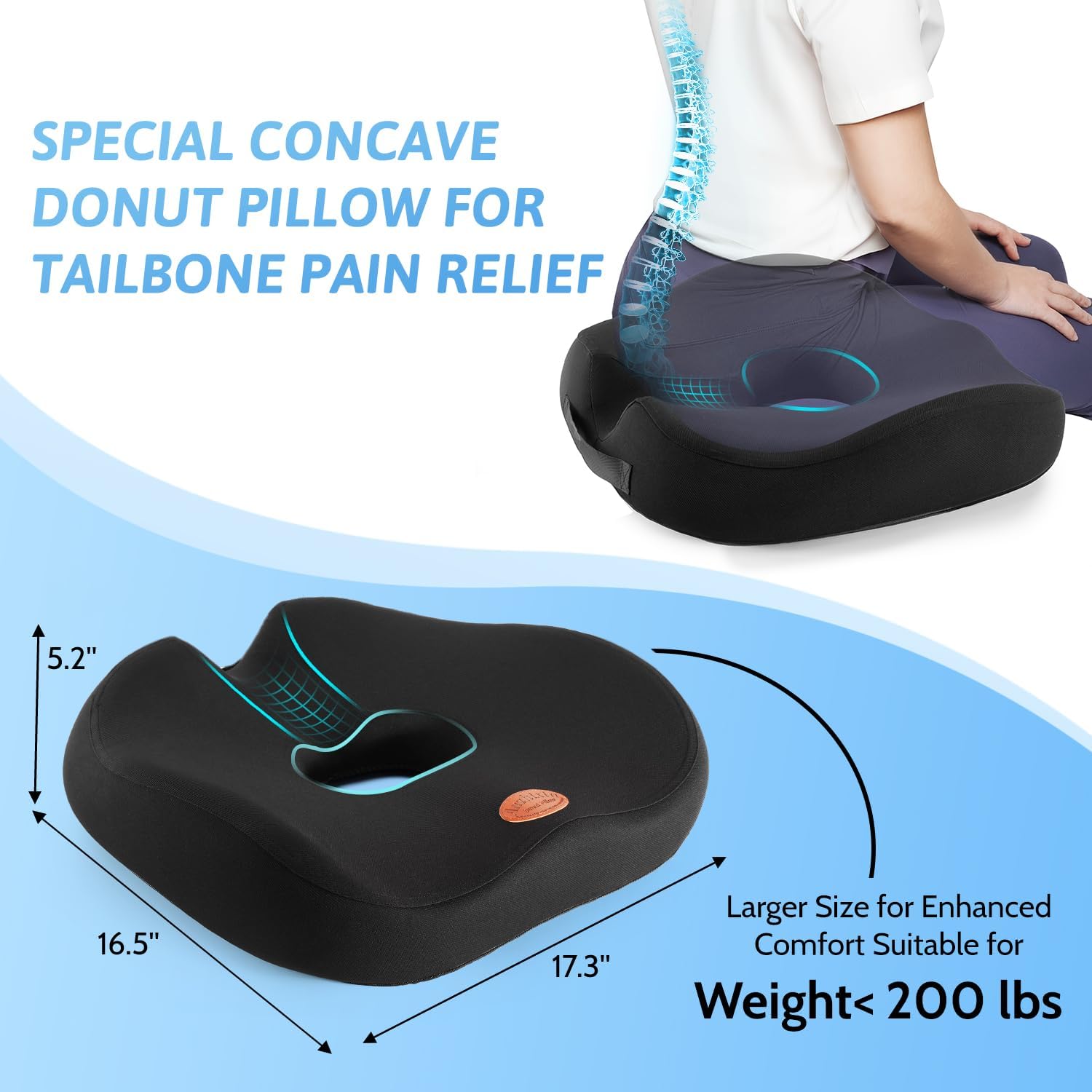 Donut Pillow, Hemorrhoid Pillow for Sitting, Donut Pillow for Tailbone Pain Relief Cushion, Two Humps Hip Comfortable Design, Doughnut Pillow, Butt Pillows for Postpartum Pregnancy, L Size-Black