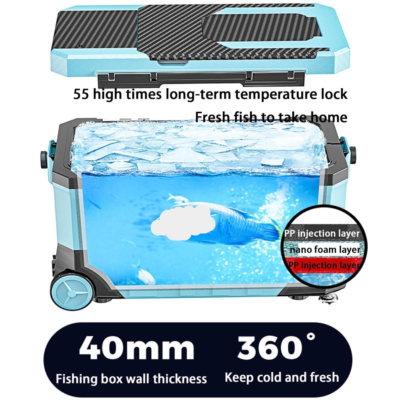 Boîte de rangement portable pour matériel de pêche, boîte de rangement à long terme, verrouillable à la température, boîte pratique (noir)