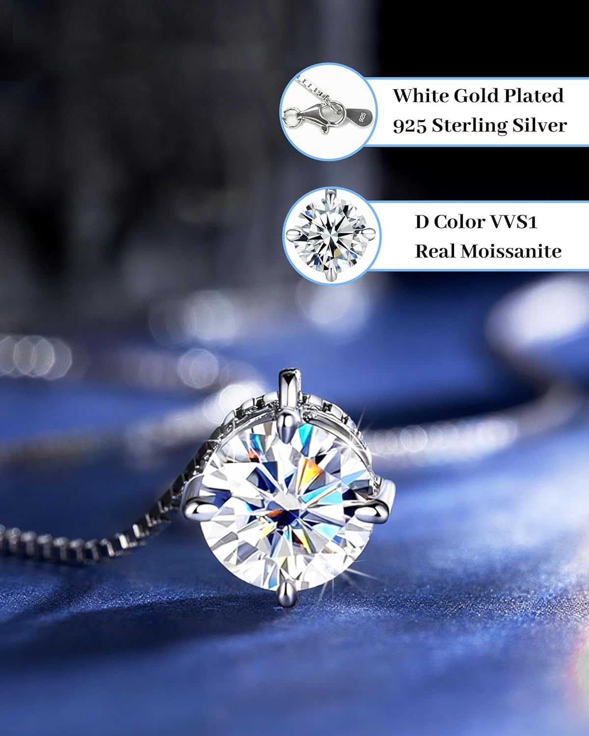 Moissanite Pendant Necklace for Women 2CT, 925 Sterling Silver with 18K White Gold Plated, D Color VVS1 Clarity Solitaire jewelry Wedding Anniversary Birthday Gifts Valentines Christmas Diamond 8mm - Image 6