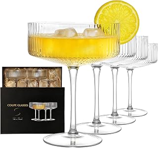 CLFUN 4pc Hand-Blown Ribbed Coupe Glasses 10oz Set - Gift Boxed Martini Glasses for Espresso Martini, Manhattan, Christmas