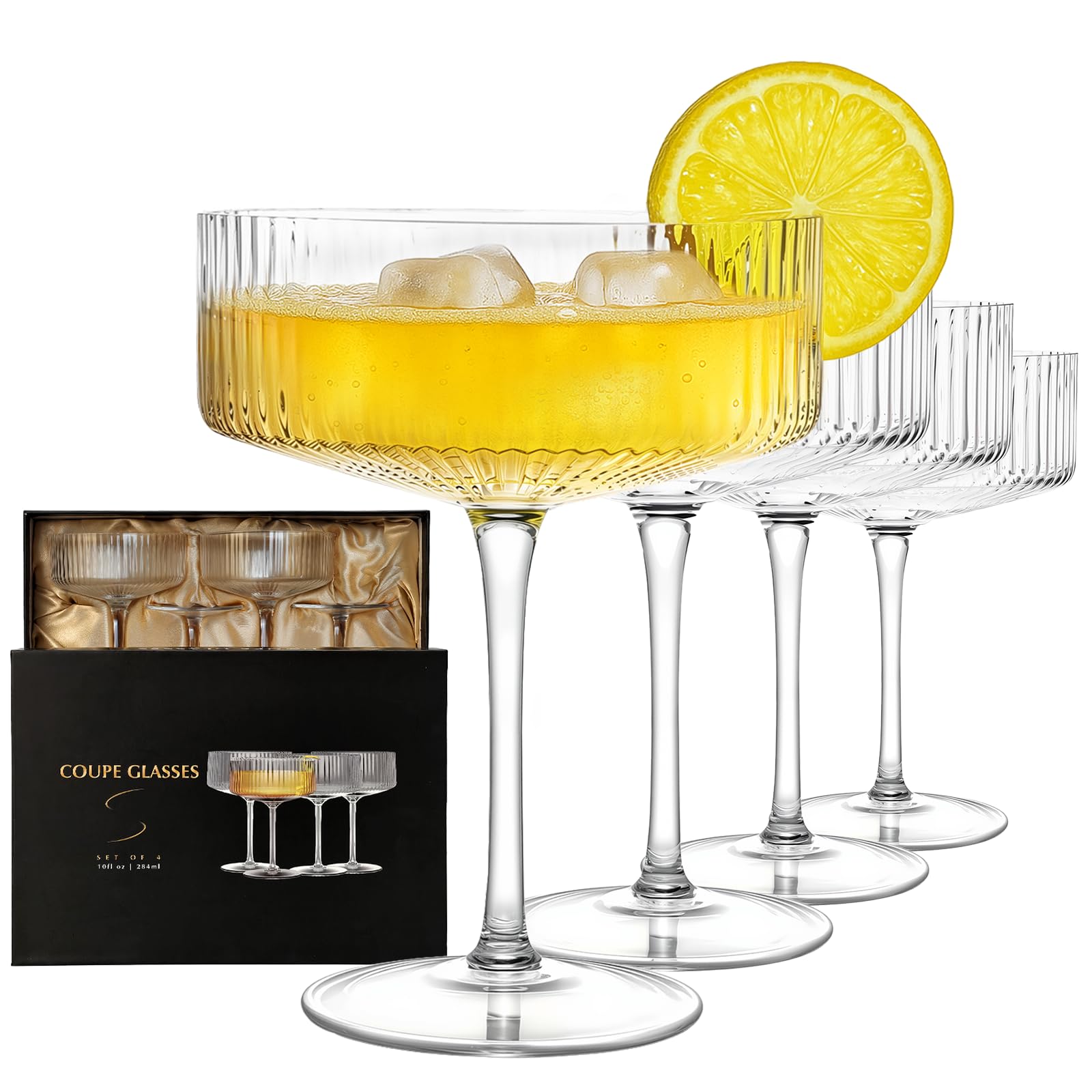 4 Pcs Coupe Glasses, Hand Blown 10 oz Cocktail Glasses, Ribbed Glasses, Gift Boxed Drinking Glass Set, Pefect Gift for Christmas, Espresso Martini, Manhattan, Wine, Champagne Martini Glasses Set of 4