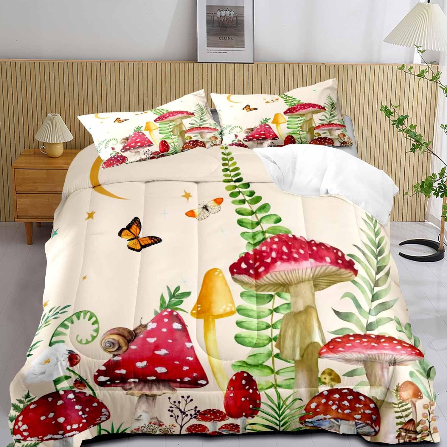 LUVIVIHOME 3PCS Trippy Mushroom Comforter Set King Size