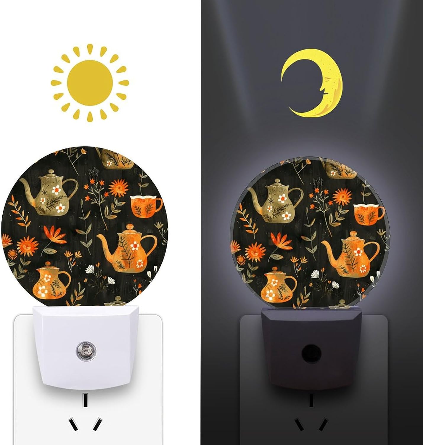Plants And Teapot LED Plug in Night Light 0.5w Night Lights Plug Into Wall with Auto Dusk to Dawn Sensor Portable Bathroom Nightlights Small Dimmable Lamp Energy Efficient Bedside Light (Round) image 3