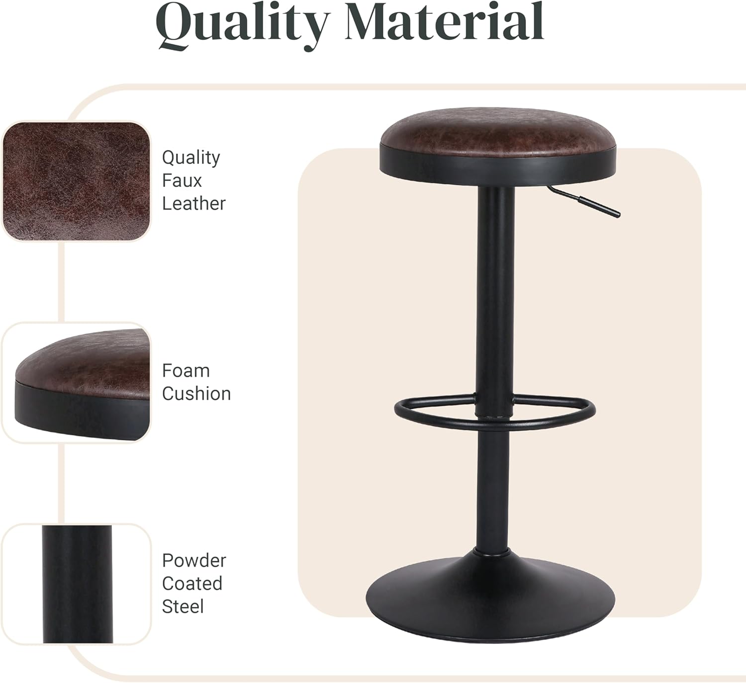 New Pacific Direct Juno PU Leather Gaslift Backless Swivel Bar, Set of 2 Bar & Counter Stools, Vintage Coffee Brown
