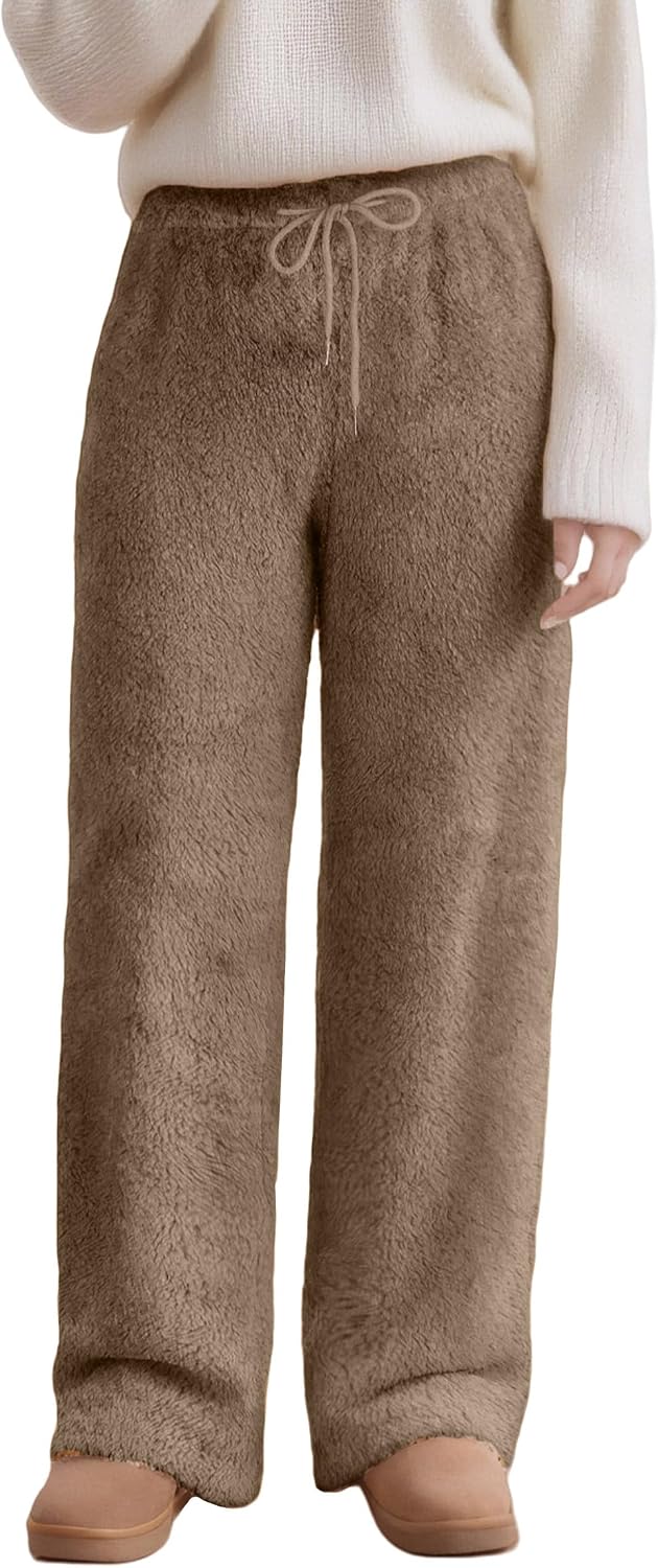 SEAUR Plush Pants for Women Fleece Pajamas Bottoms Drawstring Elastic Waist Wide Leg Pant Winter Lounge Pants Loose Trousers
