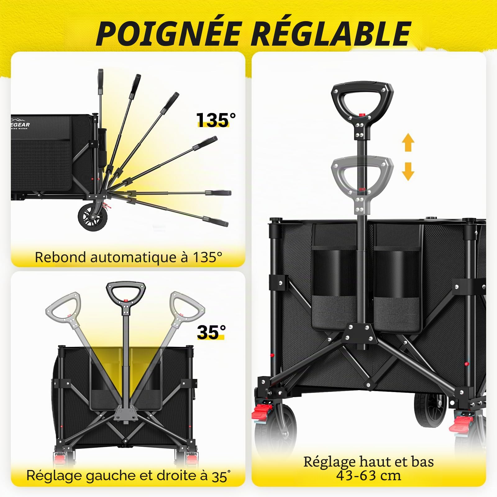 Elegear XXL Chariot de Plage avec Freins 150KG 150L, Chariot Pliable avec Poignée Réglable, Beach Wagon - roulettes Tout Terrain - pour Jardin, Extérieur Camping, Pique-Nique
