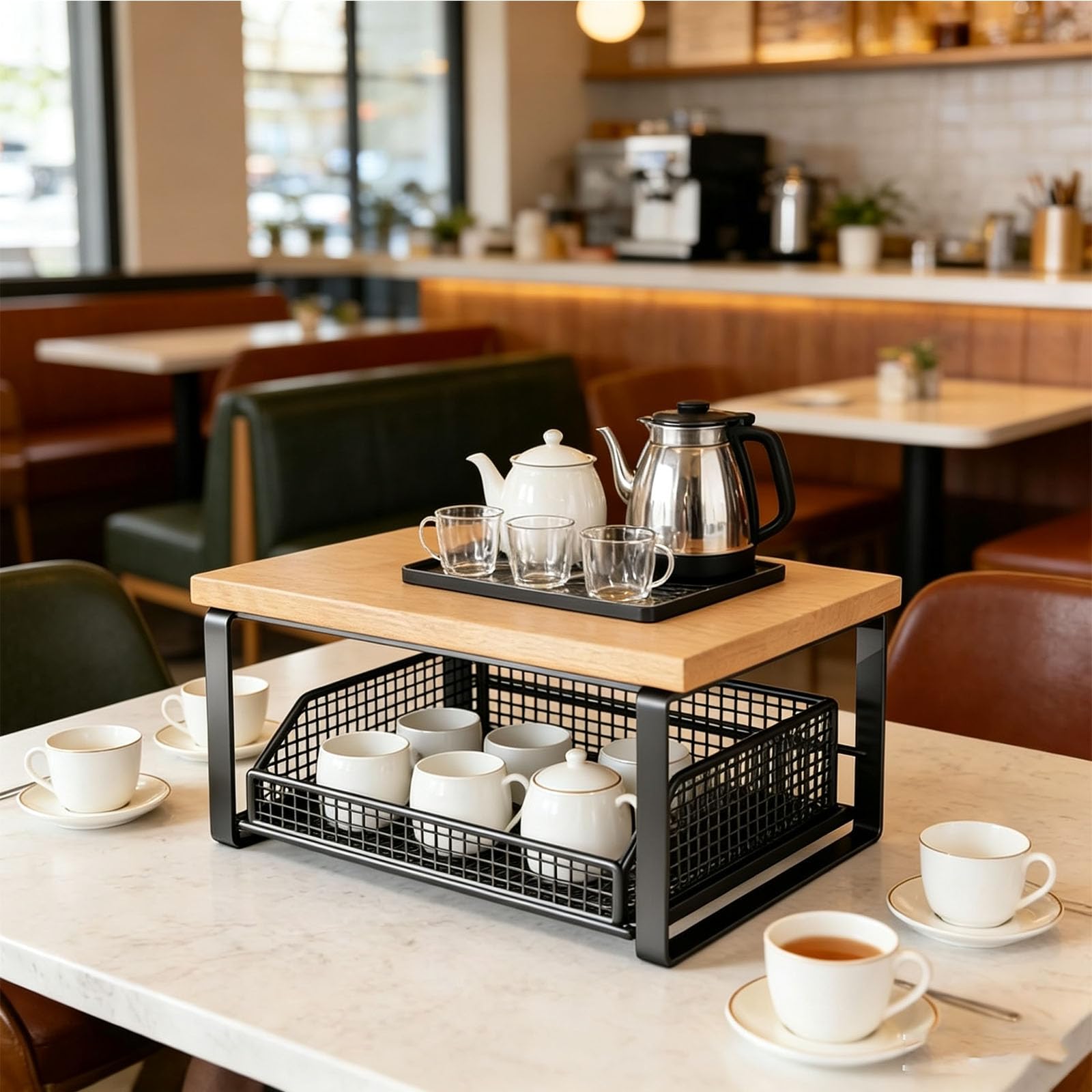 Organisateur De Comptoir De Cuisine Avec Tiroir Et Panier, Étagère De Rangement À Épices En Bois À 2 Niveaux Pour Coin Café, Condiments, Garde-manger, Salle De Bain, Bureau Et Comptoir, Noir