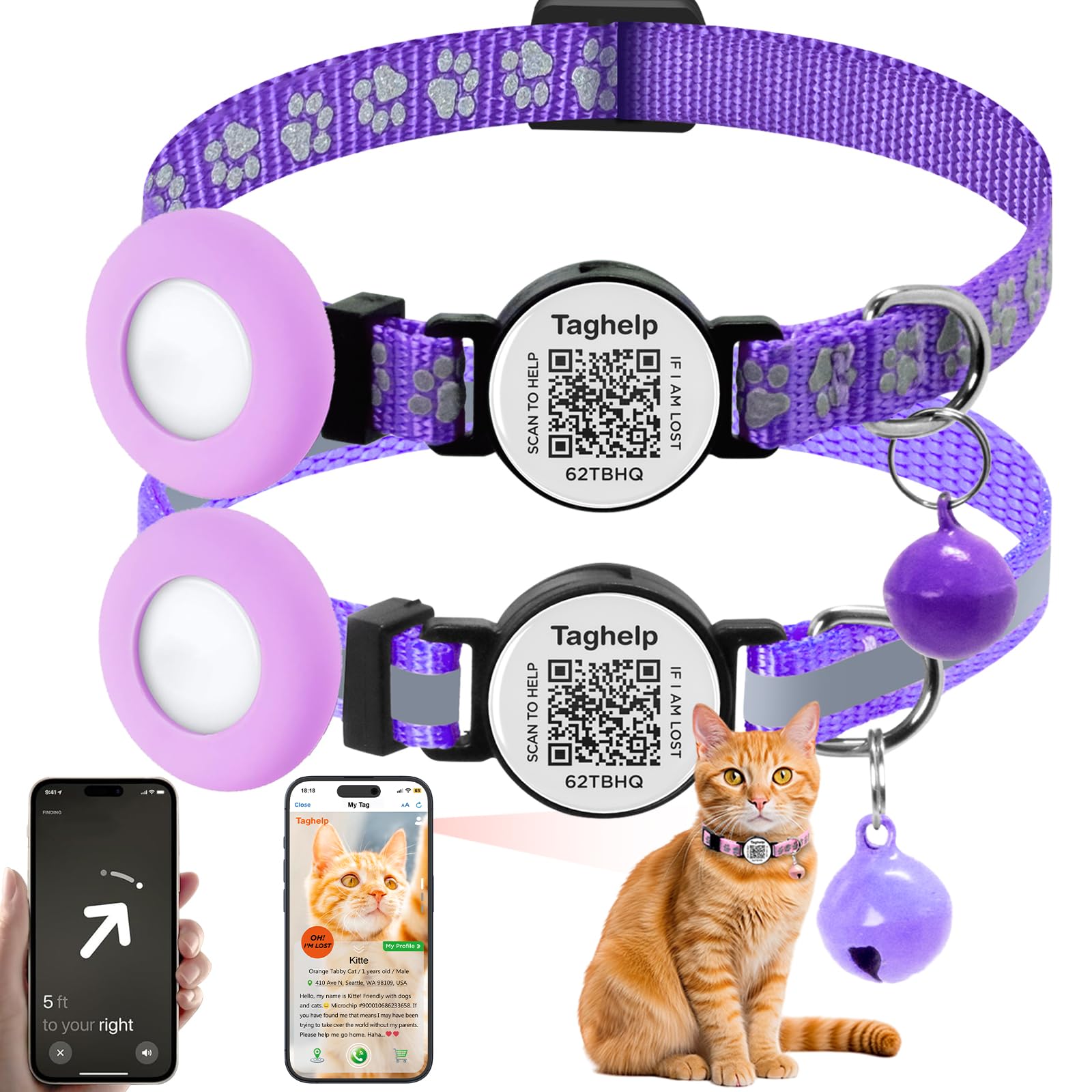 2 Pack Airtag Cat Collar, Breakaway Cat Airtag with Smart ID tag & QR Code Reflective, Lightweight Kitten Collar for Apple Air tag, Hidden Holder for GPS Tracker or Boy Girl Cats, Kittens(Purple)
