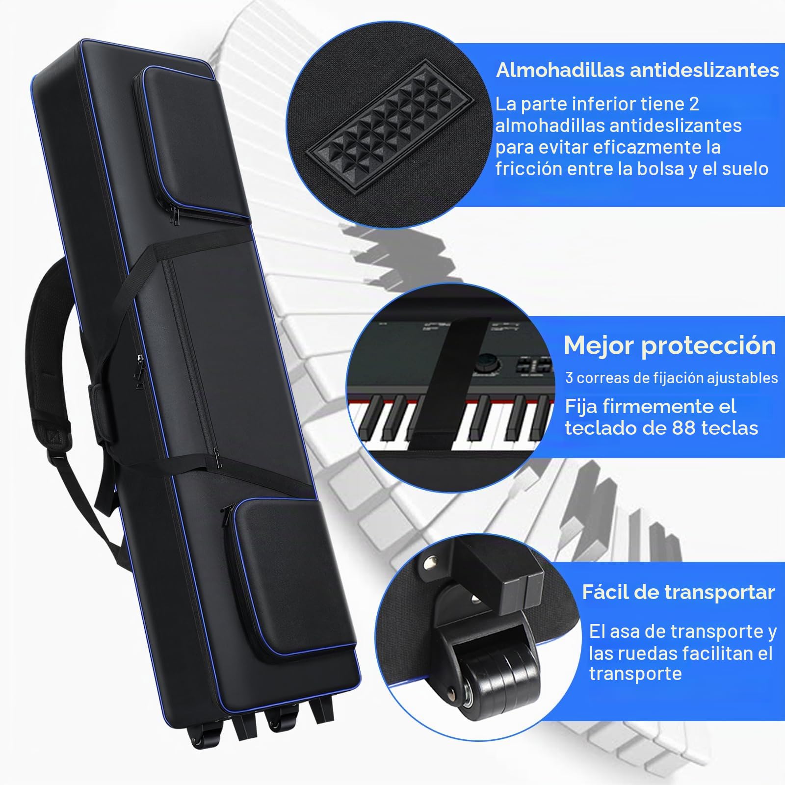 Funda Para Teclado De 88 Teclas Con Ruedas, Bolsa Acolchada Portátil Para Piano 88, 53 X 14 X 7 Pulgadas, Funda Para Teclado Con Ruedas Con Asas Y Correas De Hombro Ajustables, Bolsa