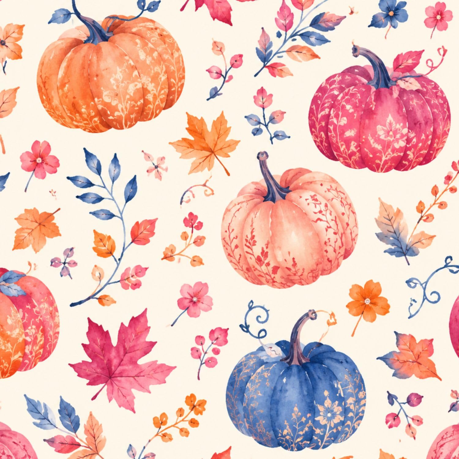 DERUINVAIO Self Adhesive Feature Removable Watercolor Pumpkins Autumn Peel and Stick Vinyl Wallpaper Roll, Sticky Lining Paper for Bedroom, Living Room, Kitchen Walls