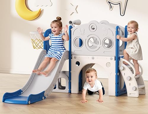 Babytronic Tobogán para niños pequeños, tobogán 8 en 1 para niños con aro de baloncesto, telescopio y escalador, tobogán para bebés, parque infantil
