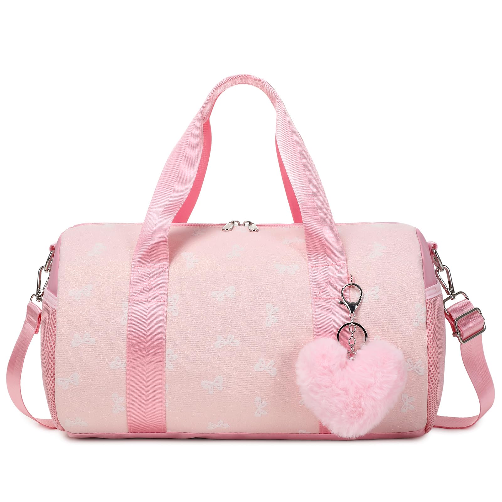 Kimwadalh Pink Bow Ballet Bag for Girls with Plush Pendant, Shiny Girls Dance Bag Glitter Sports Duffle Bag with Shoulder Strap and Waterproof Wet