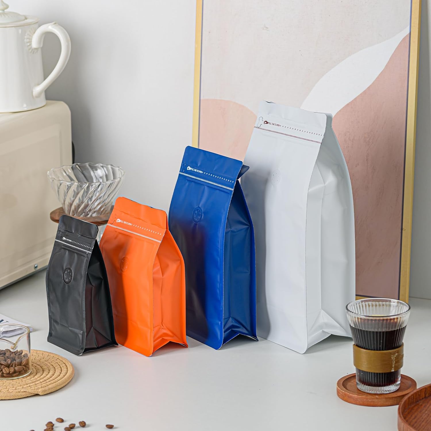 50 Pcs 1lb Green Long Coffee Bean Bags with Valve, Easy Tear Open & Repeating Sealed Zipper, Heat-seal Stand Up & Flat Bottom Coffee Bag, 16oz Capacity 5.3x10.2 Inch