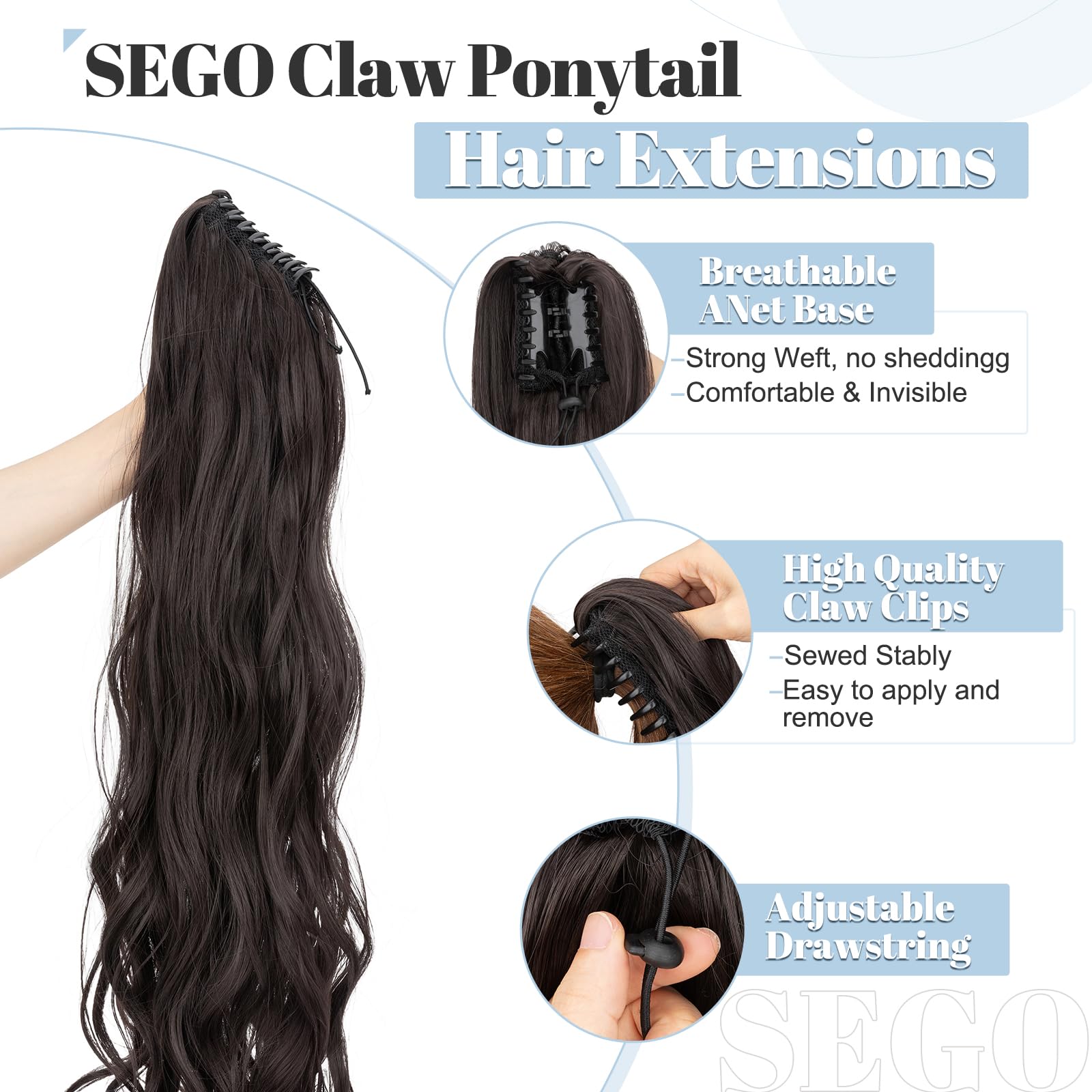 SEGO 24"/60cm Curly Claw On Ponytail Extension Wavy Clip In Pony tail Synthetic Hairpiece for Women Natural Black - Image 2
