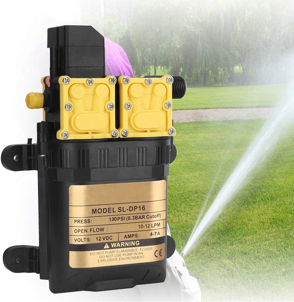 12V High Pressure Double Head Diaphragm Water Pump Electric Water Sprayer Pump Durable Multi Purpose Agricultural Water Pump for Farmland Irrigation Garden Greening Domestic