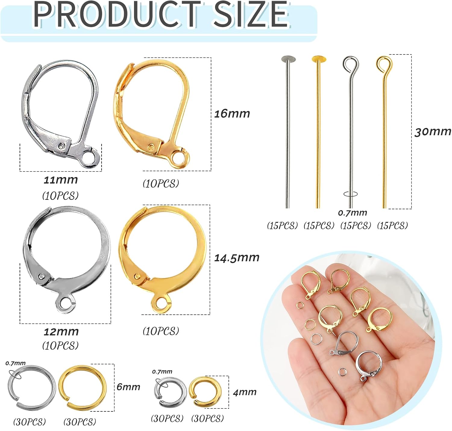 TOAOB 200pcs French Earring Hooks with Head Pins and Jump Rings Gold Silver Leverback Ear Wire Kit Stainless Steel Clip Earring Connector Supplies Jewelry Making Findings