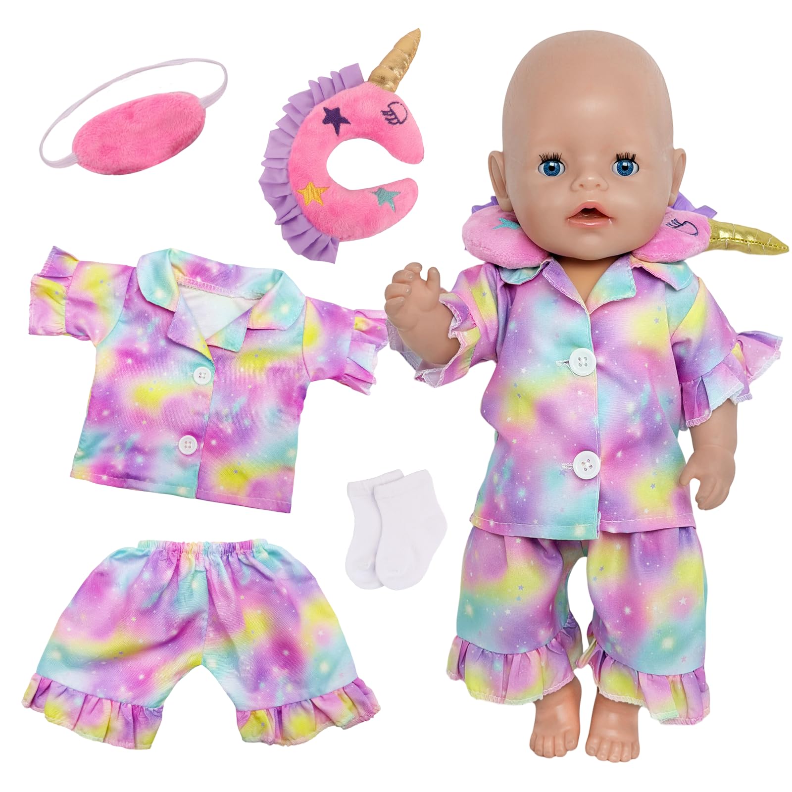 Babykleidung für 35-45 cm Puppen Traumhafter Sternenhimmel Puppenkleidung Outfits mit 1 Gradient Pyjama Set 1 Pink Eye Mask 1 U-Shaped Neck Pillow 1 Socks für 14-18 Zoll Puppezubehör Geschenk Mädchen