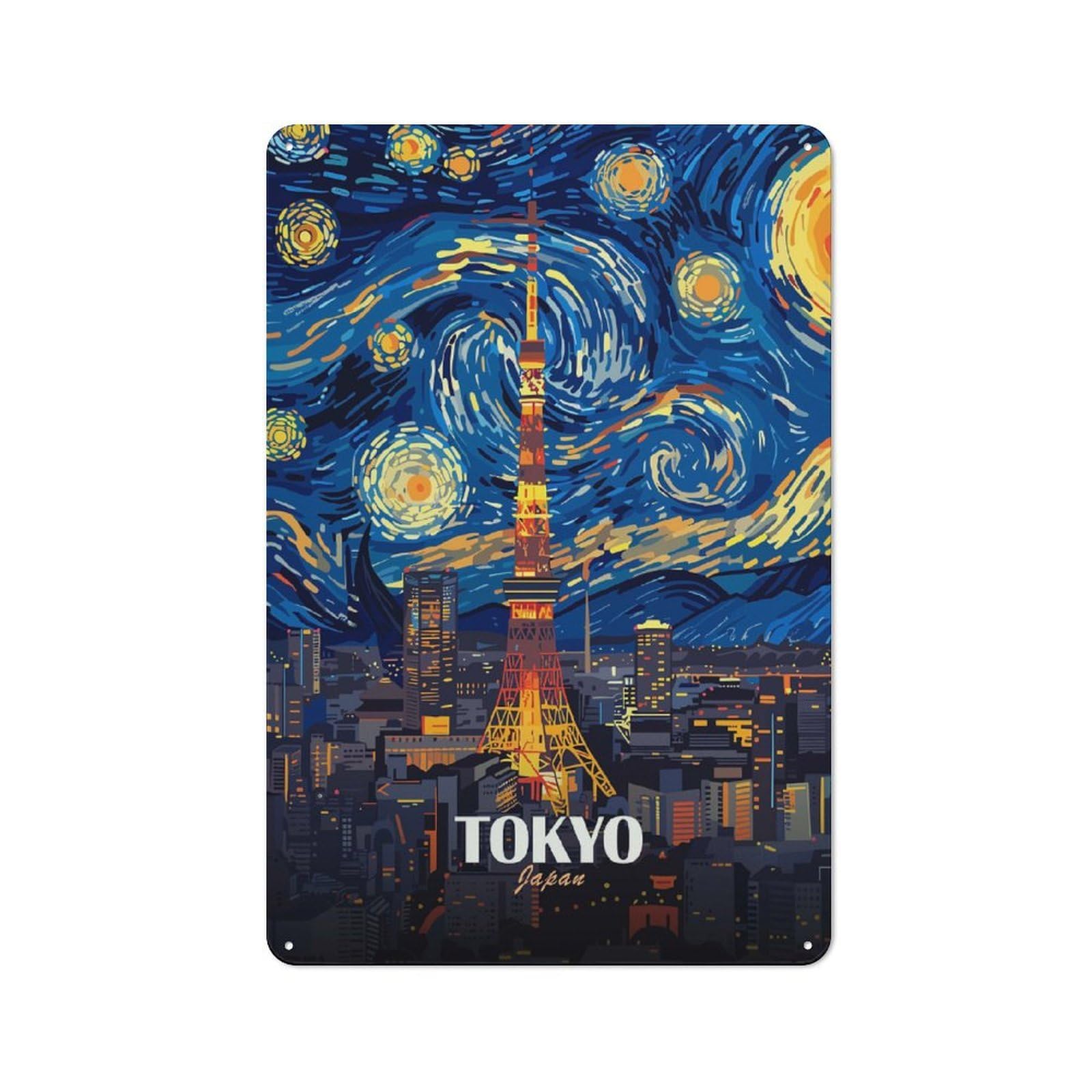 Junmoney Style-15 For Garage Or Workshop, Tokyo Tower Starry Night Art Rustic Metal Plaque 30X20cm, Suited To Wall Displays In Garages And Tool Rooms