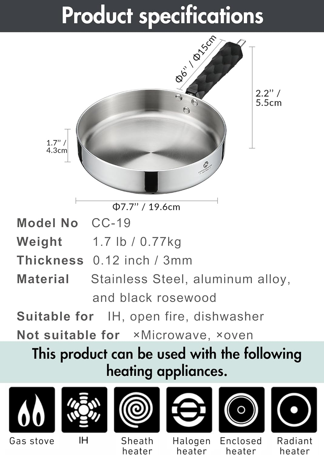CAMPINGMOON 3-Layer Camping Frying Pan 7.7 Inch Stainless Steel Detachable Handle Induction Open Fire Compatible CC-19