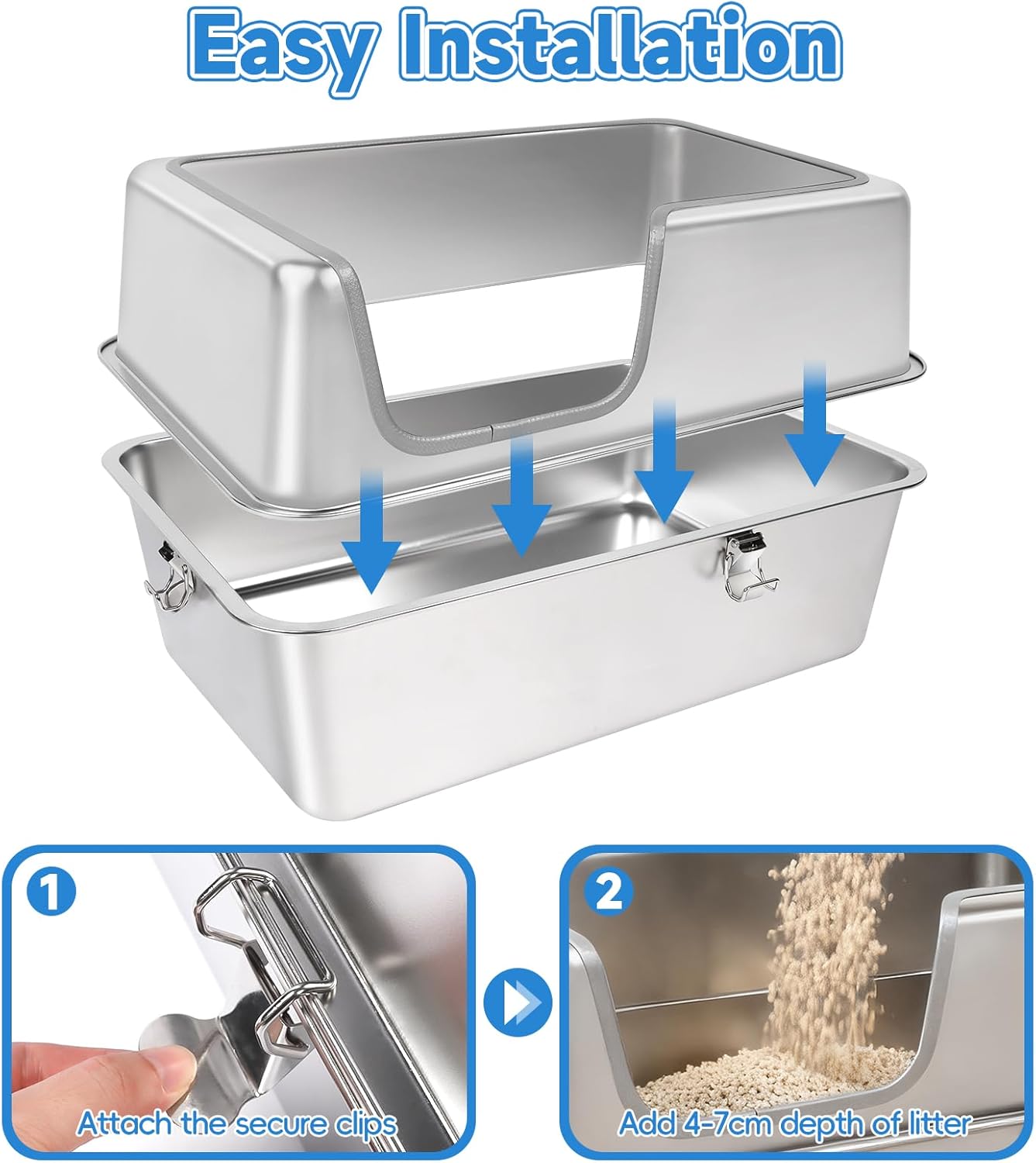 Stainless Steel Cat Litter Box, 23.6" L x 15.7" W x 11.8" H XXL Extra Large Semi Enclosed Removable Metal Litter Tray with High Sided Enclosure, Scoop, Non-Sticky, Easy Cleaning