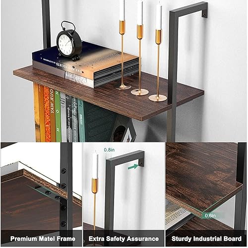 Miniatura 6 de Estantería de escalera negra para montaje en pared, estantería de escalera de 5 niveles con estante de madera y marco de metal, estantes Negro y