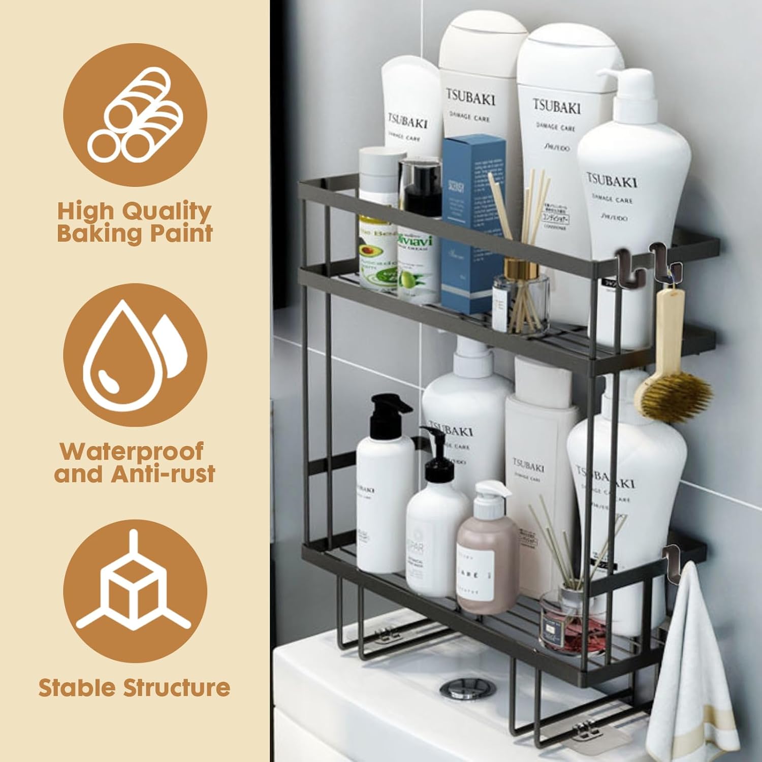 ShellKingdom Over The Toilet Storage Shelf, 2 Tier Toilet Paper Holder Stand Shelves, Punch-Free Bathroom Storage Rack with 2 Hooks, Small Space Organizers for Bathroom, Home, Countertop, Black