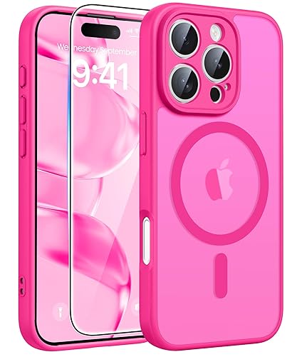 FNTCASE for iPhone 16 Pro Case: [Compatible with Magsafe] Translucent Matte Magnetic Phone Cover - Military Grade Drop Protection Shockproof Protective Cases - Hot Pink